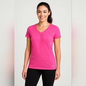 KÖPPEN Hot Pink V-Neck Active Tee Shirt Women’s Size L Stretch Lightweight‎